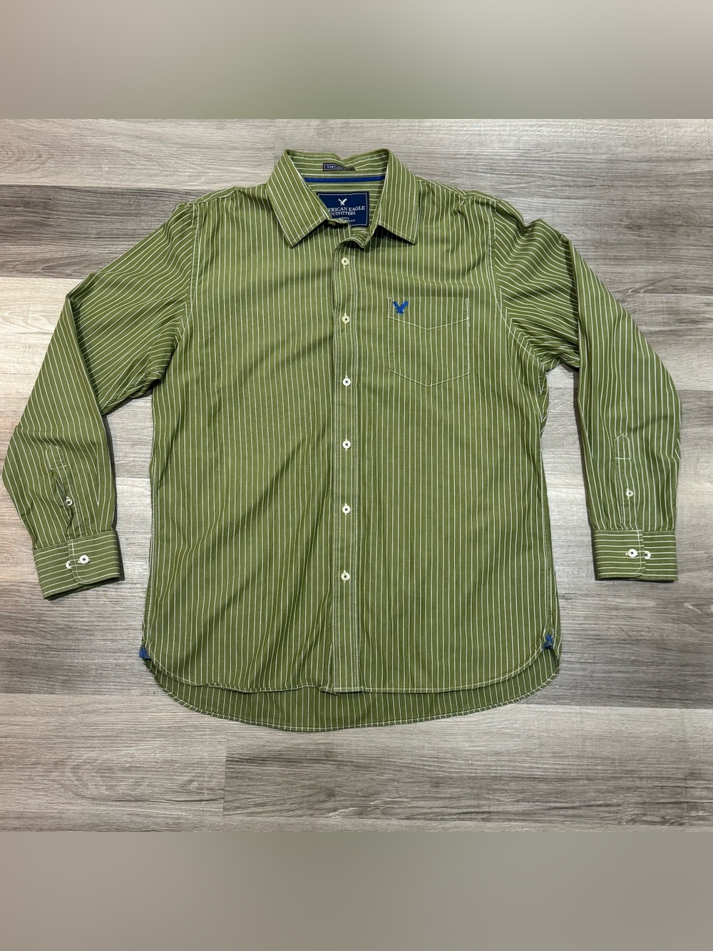 Men’s Vintage Fit Green & White Striped Button-Down Shirt Size XL